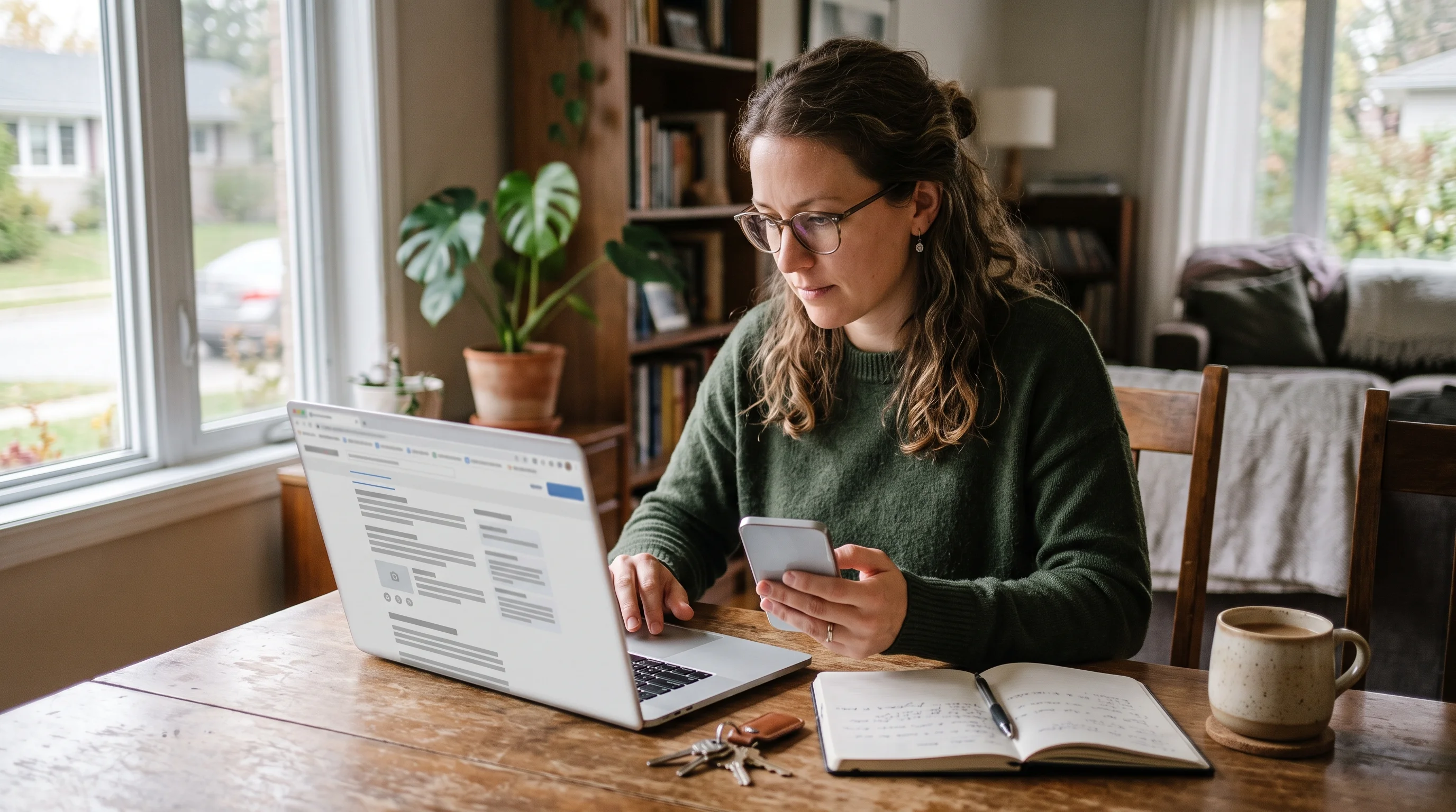 A person at home using a laptop and smartphone to look up practical information