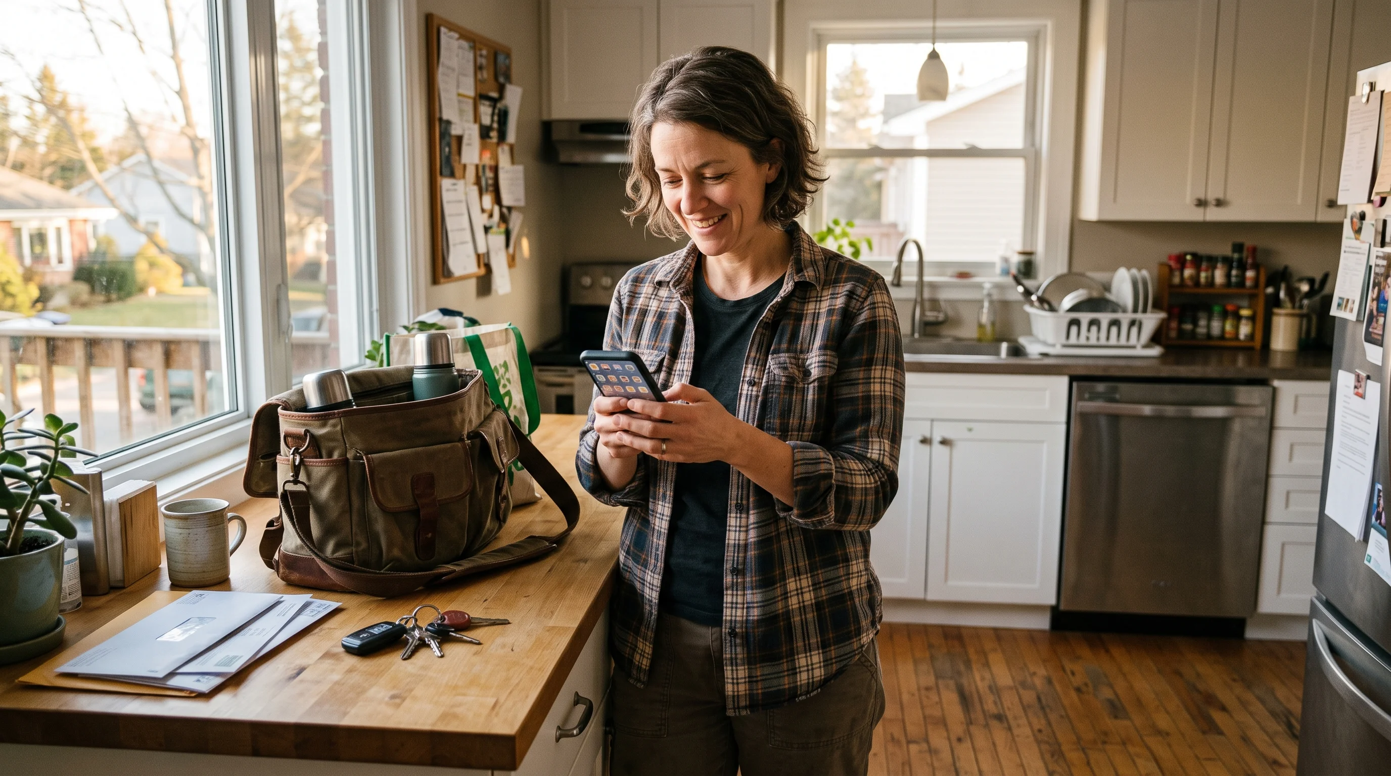 A Canadian worker arriving home after a shift and reading something on a smartphone in the kitchen