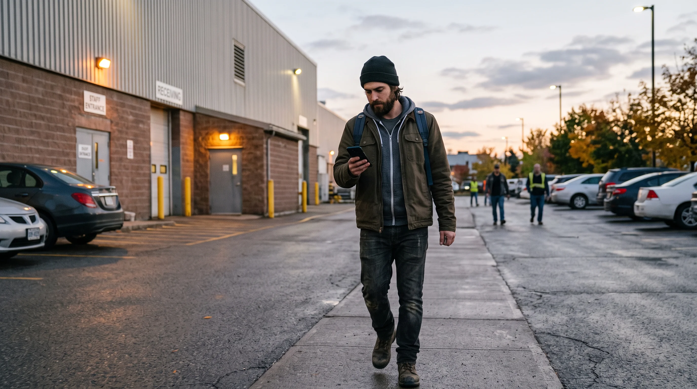 A worker leaving an ordinary workplace after a shift, checking a smartphone