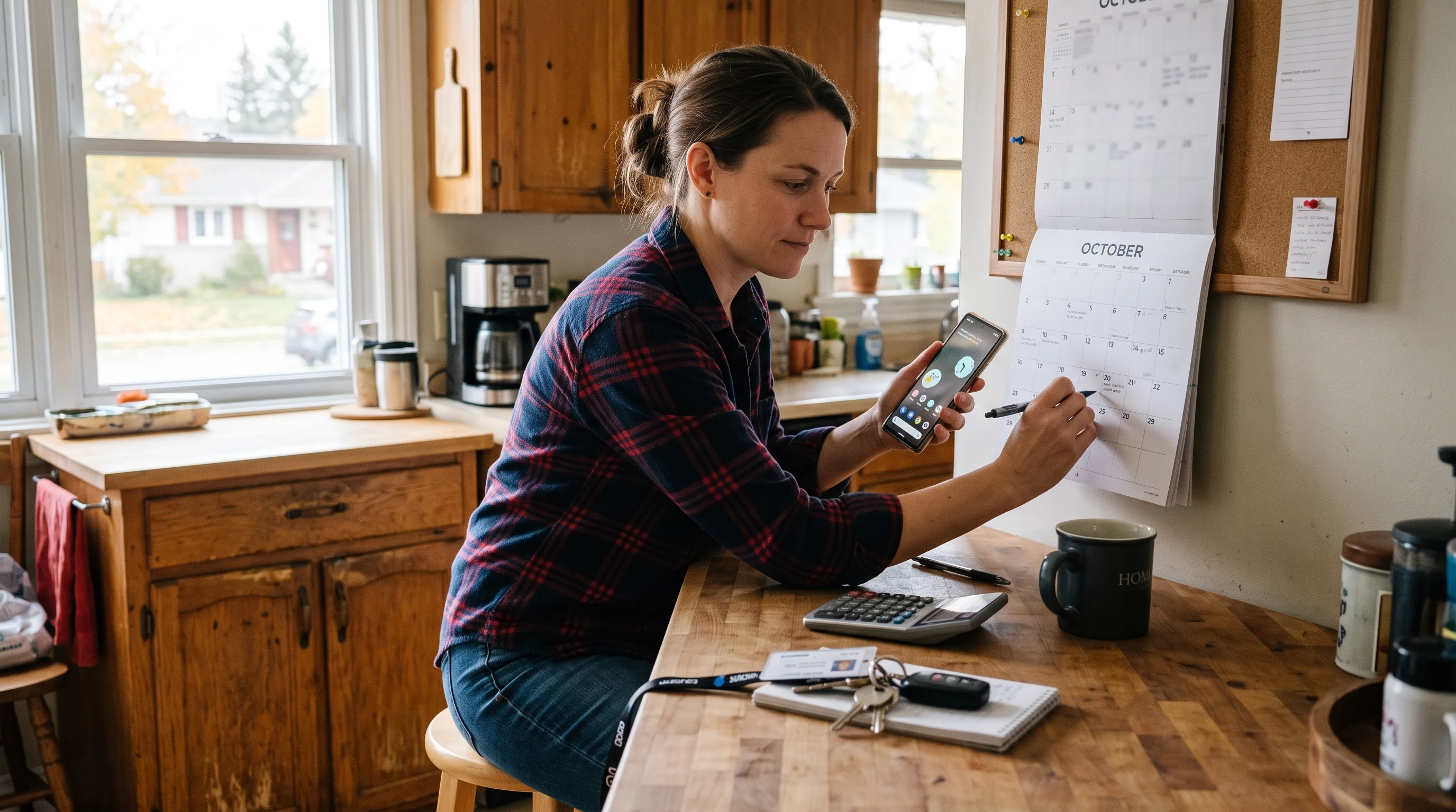 A worker checking a paper calendar and smartphone at a kitchen counter