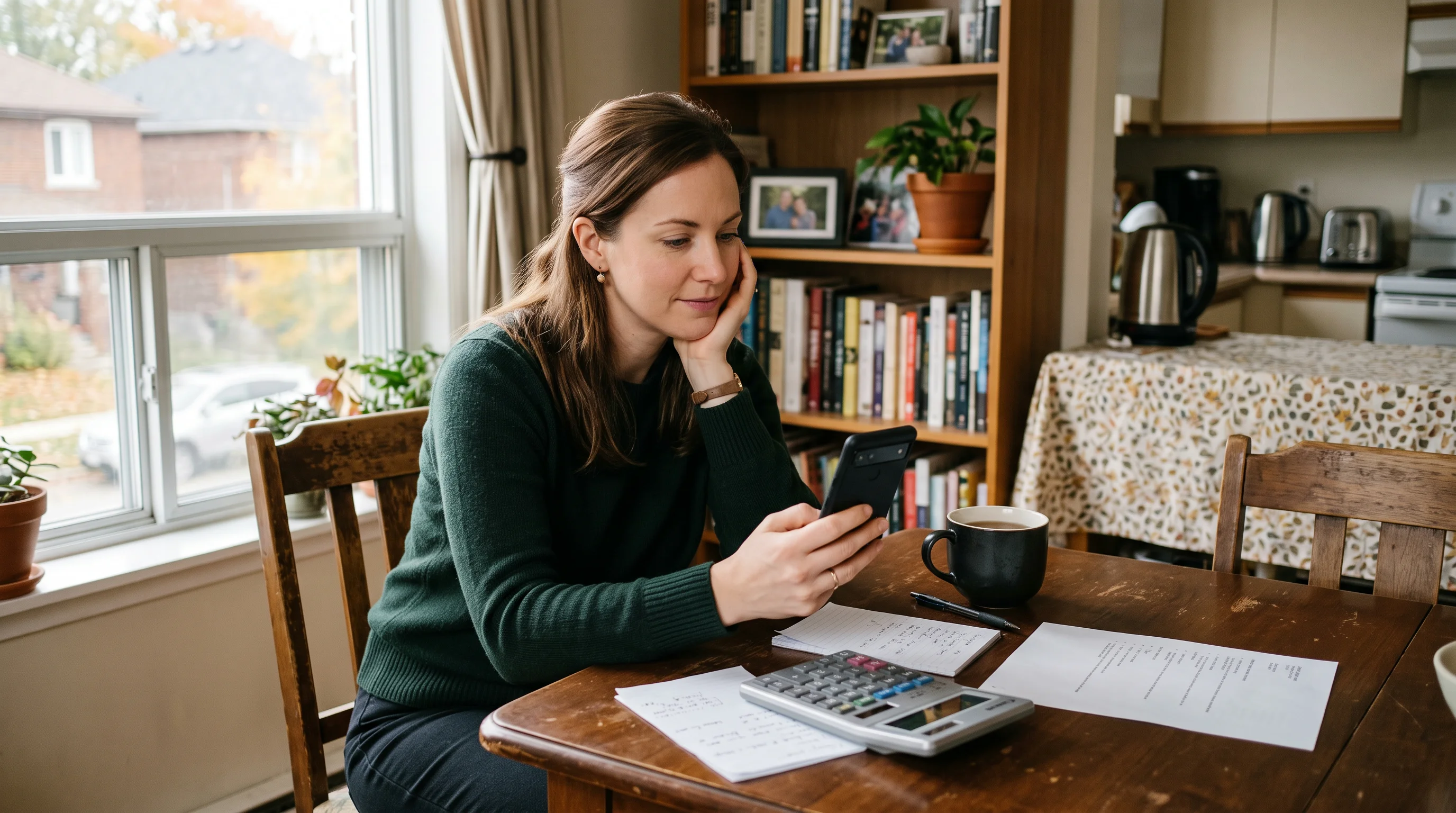 A woman at a kitchen table after work looking at a smartphone next to a calculator and paperwork