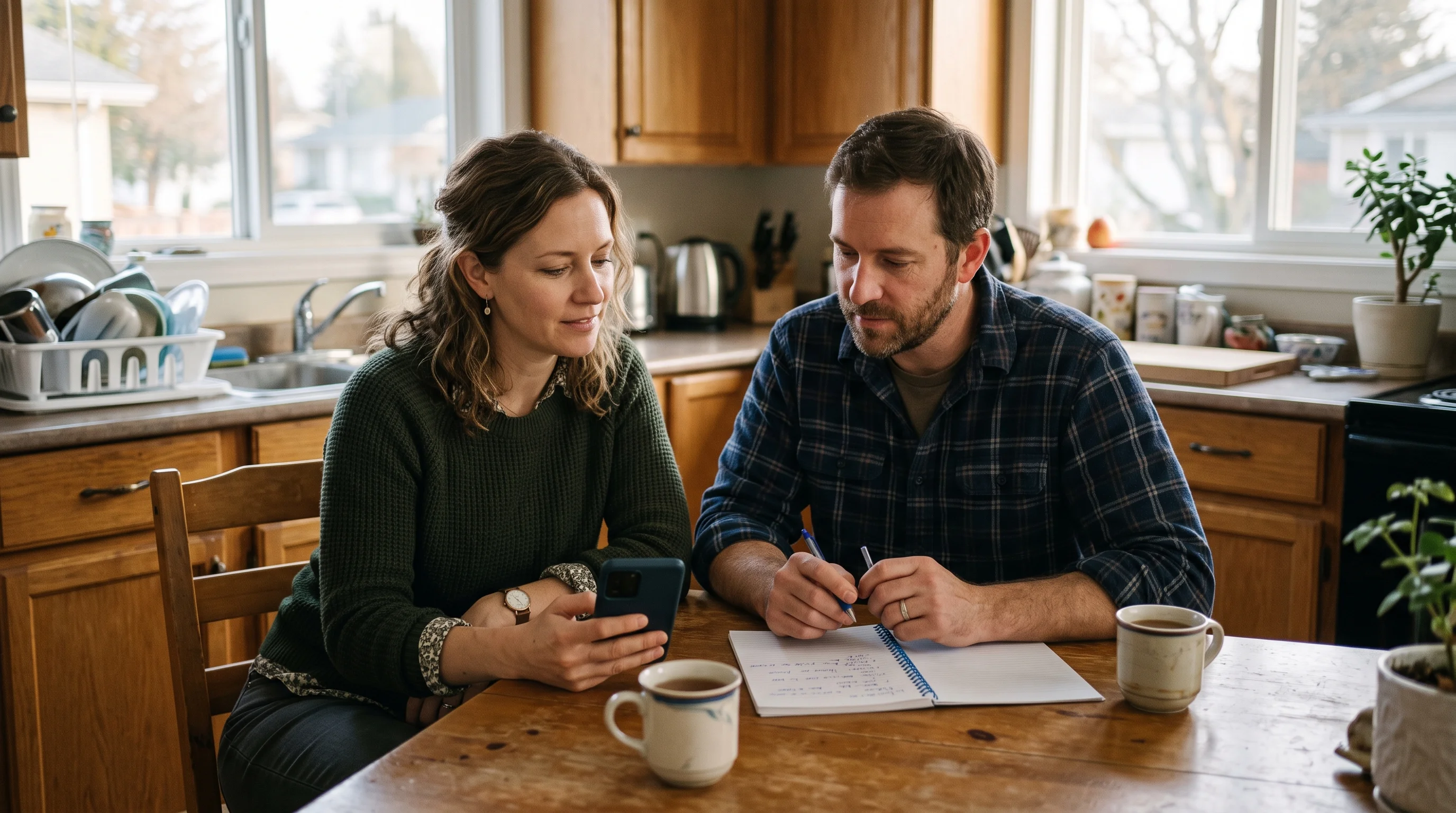 A couple at a kitchen table after work calmly reviewing a smartphone and a notebook together